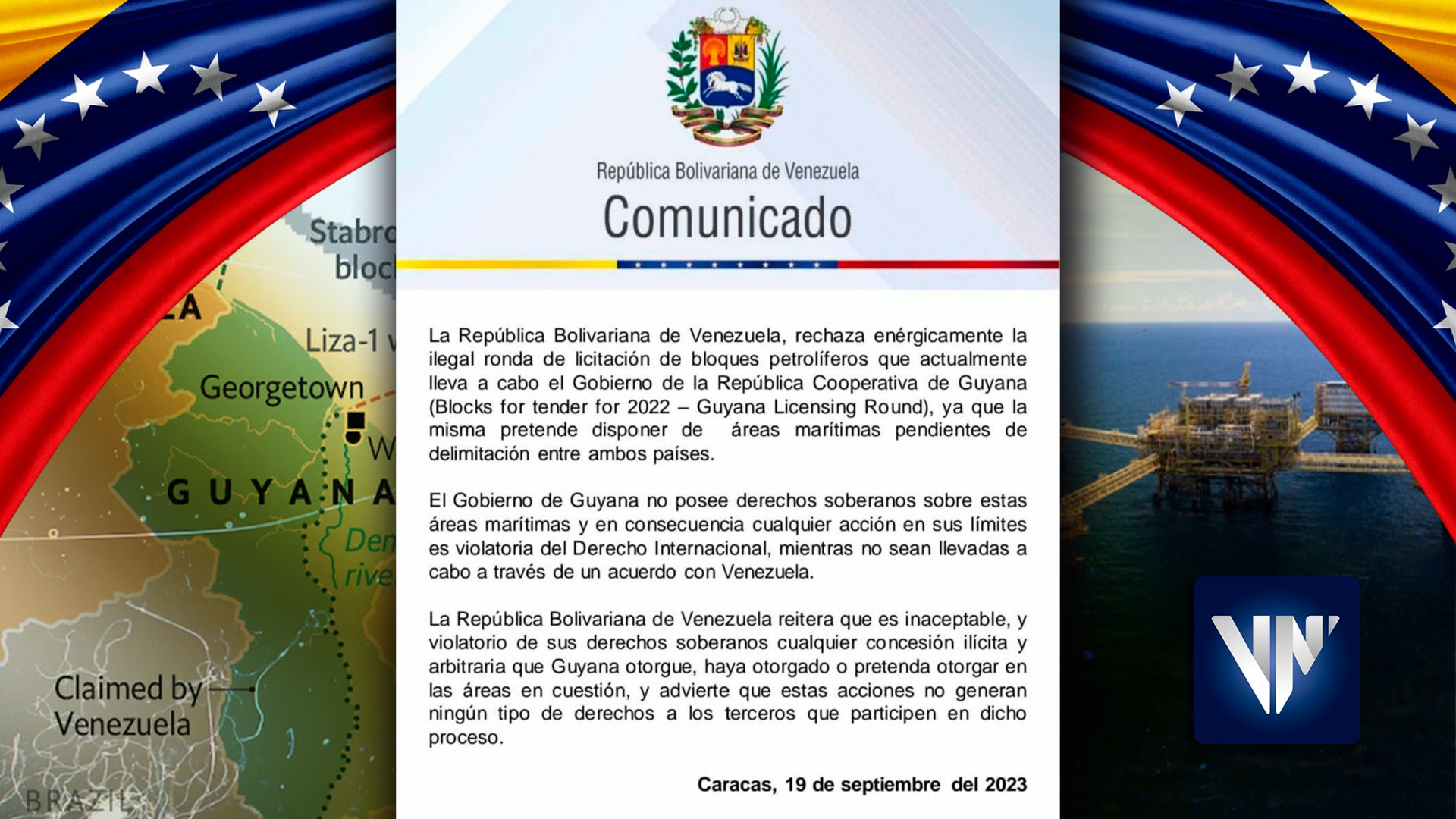 Venezuela rechaza licitación de bloques petrolíferos por parte de Guyana.