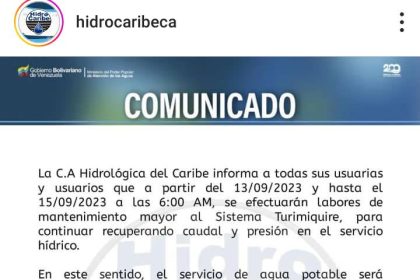 Hidrocaribe Suspensión de servicio en Sucre y Nueva Esparta #13sept, por labores de mantenimiento.