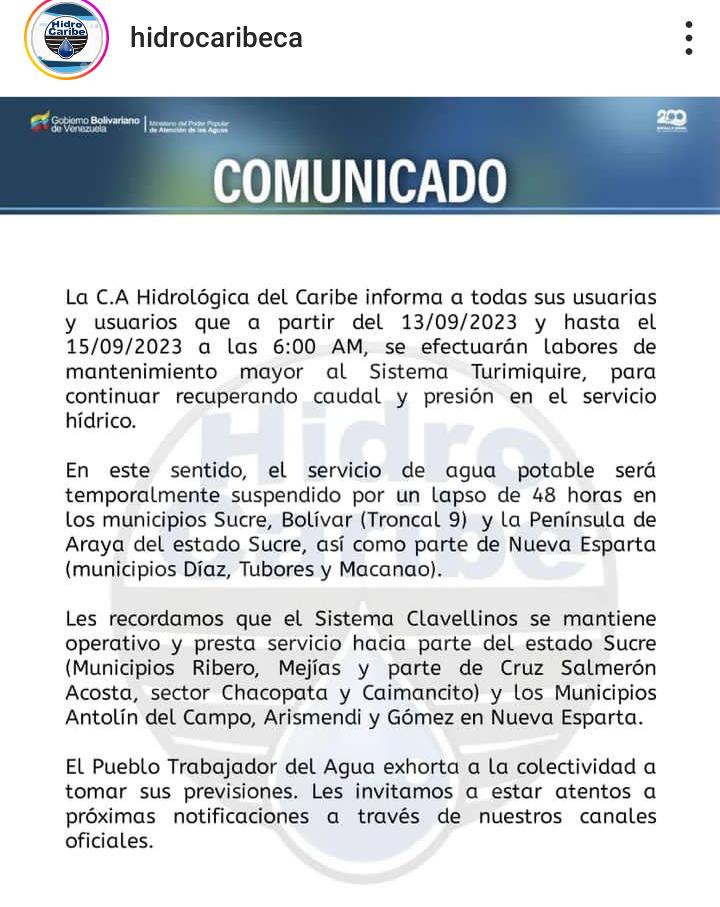 Hidrocaribe Suspensión de servicio en Sucre y Nueva Esparta #13sept, por labores de mantenimiento.