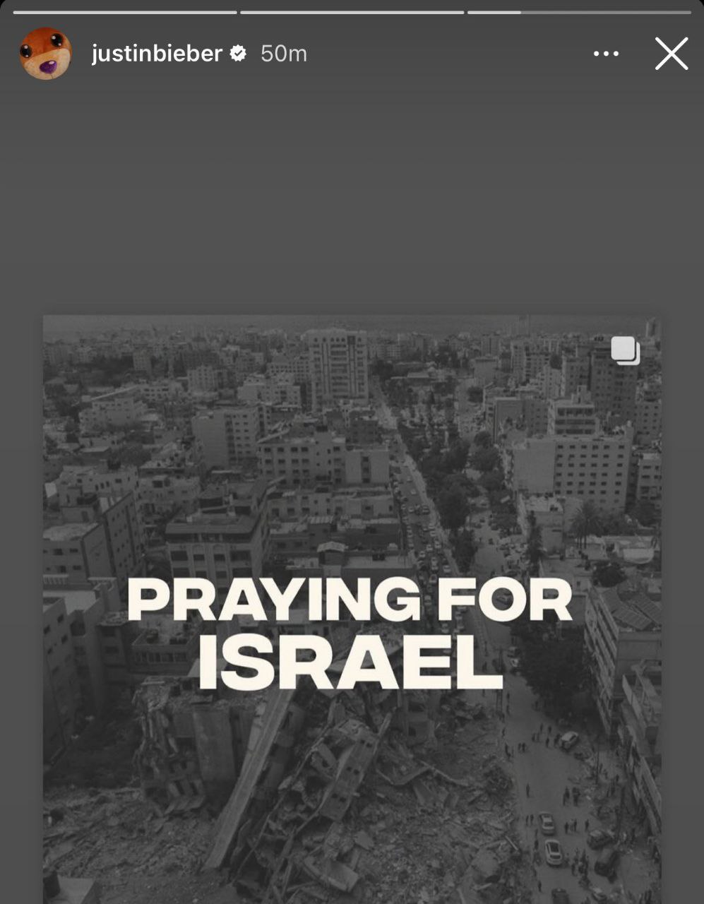 Justin Bieber muestra su apoyo a Israel al compartir una foto de Gaza en su historia de Instagram