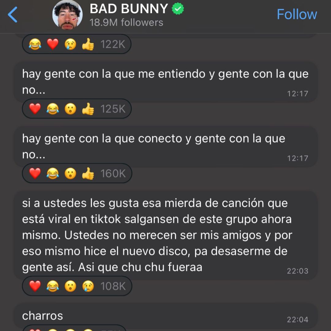 Bad Bunny se enfurece en WhatsApp debido a una canción creada con inteligencia artificial que utiliza su voz