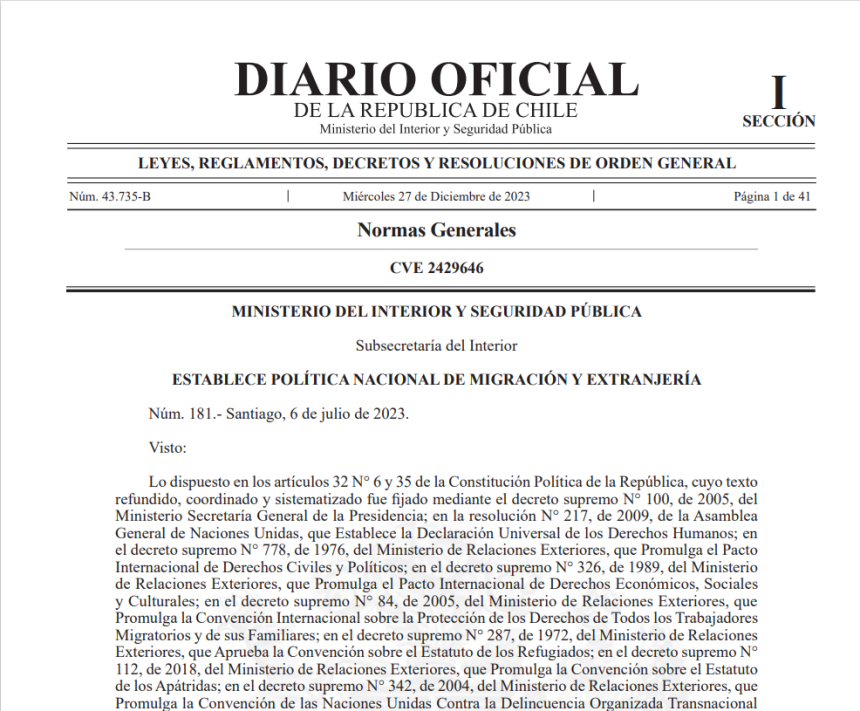 En Diario Oficial la nueva politica inmigratoria en Chile #27D