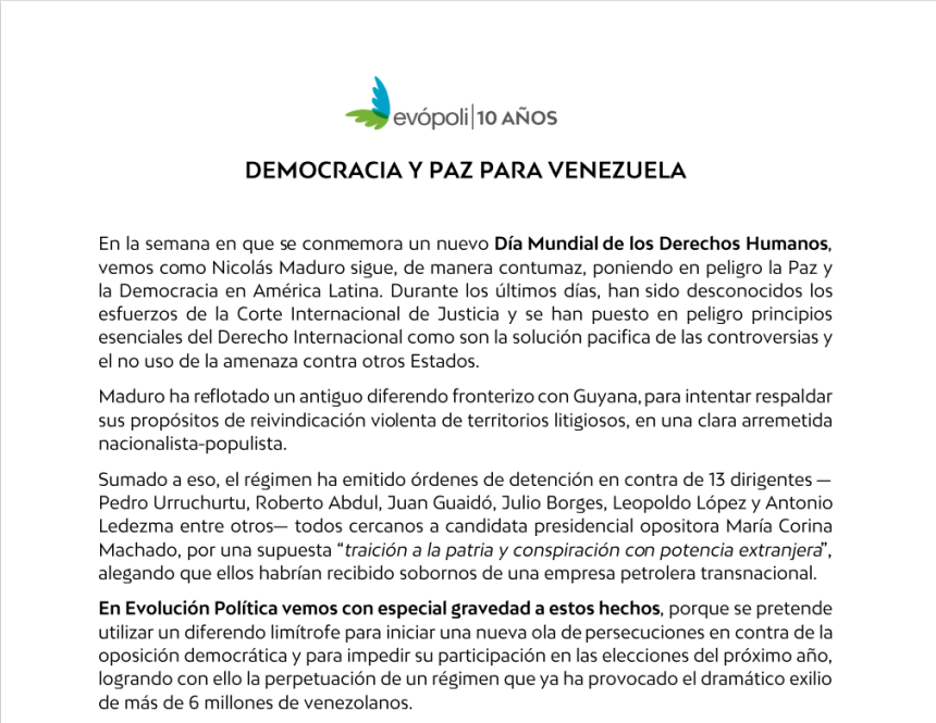 Evopoli Solicita Audiencia con Canciller Chileno ante Agresiones de Maduro