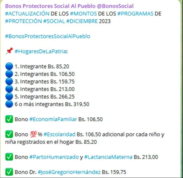 LISTA de BONOS PATRIA con AUMENTO ENERO 2024 +MONTOS