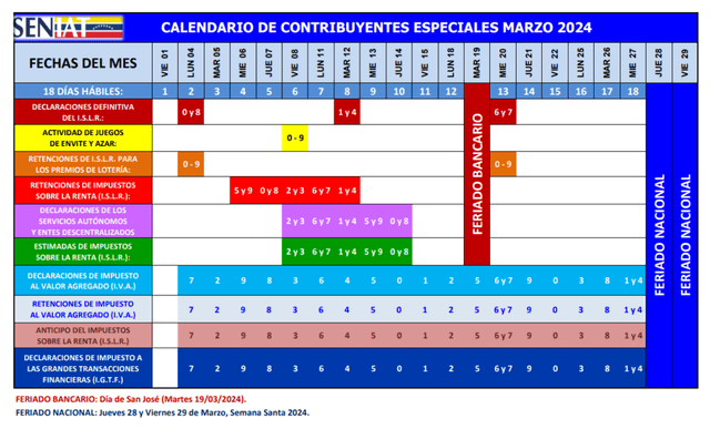 Calendario Seniat de marzo 2024. Foto: Seniat

