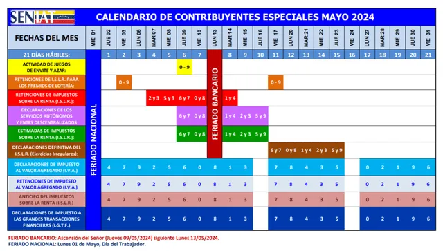 Calendario Seniat de mayo 2024. Foto: Seniat

