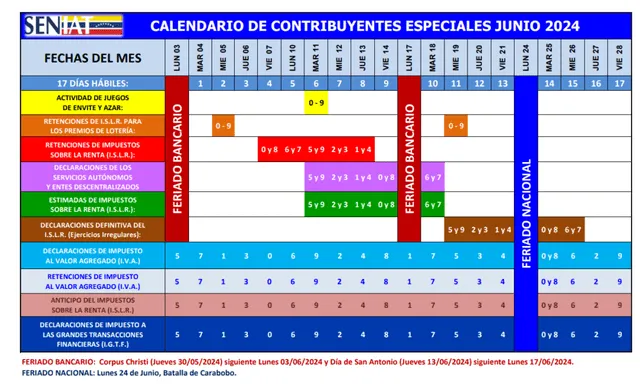 Calendario Seniat de junio 2024. Foto: Seniat

