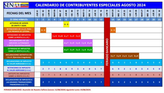 Calendario Seniat de agosto 2024. Foto: Seniat

