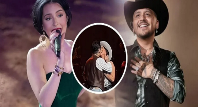 Christian Nodal y Ángela Aguilar se dan tremendo beso en el escenario y él dice que la ama