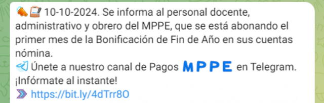 El Ministerio de Educación comenzó con el pago de aguinaldos el 10 de octubre. Foto: Pagos MPPE/ Telegram

