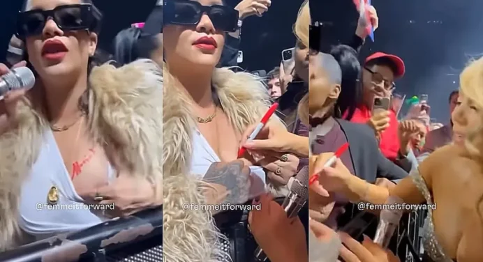 Mariah Carey firma el pecho de Rihanna en un momento inolvidable (+video)
