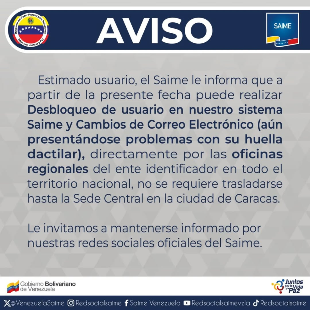 Desbloqueo de Usuario SAIME 2025