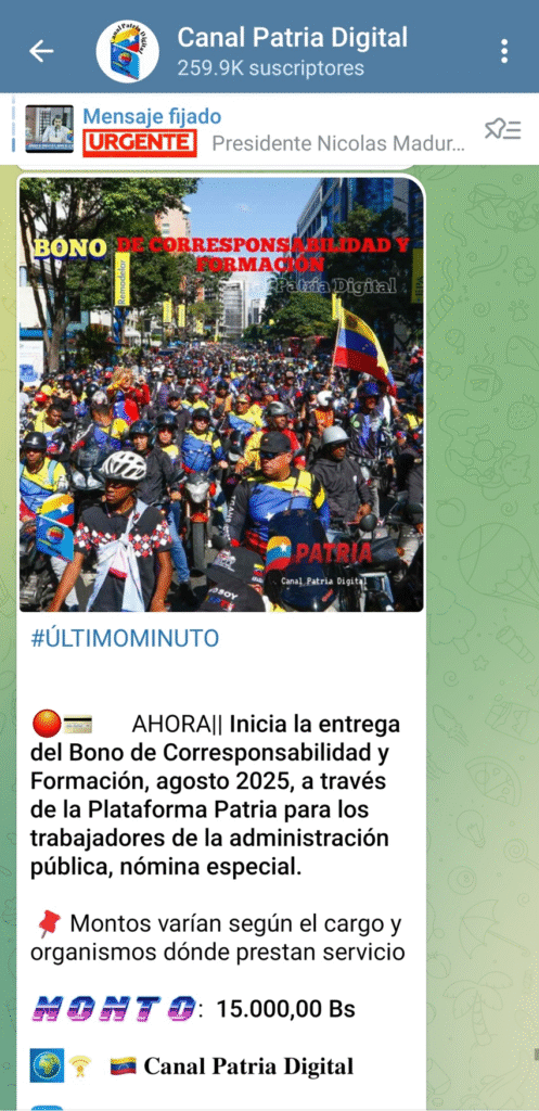 ¡Atención! Bono Corresponsabilidad y Formación de agosto 2025 sube a Bs. 15.000 para nómina especial