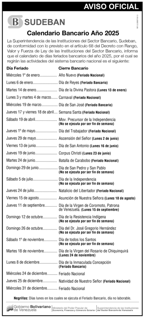 Calendario de la Superintendencia de las Instituciones del Sector Bancario (Sudeban)