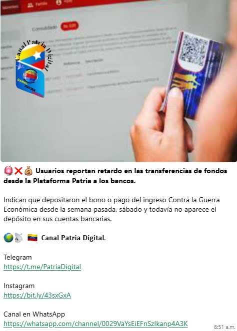 Usuarios reportan retardo en las transferencias de fondos desde la Plataforma Patria a los bancos.