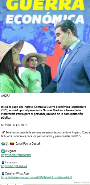 Ingreso Contra la Guerra Económica (septiembre 2025) a Jubilados