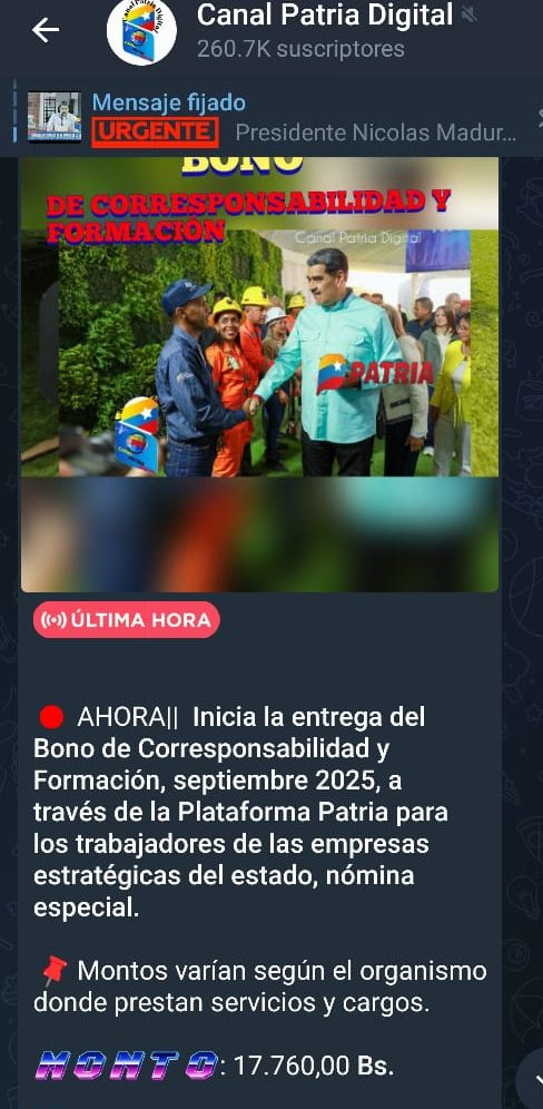 Bono de Corresponsabilidad y Formación, septiembre 2025 / FOTO: Canal Patria Digital