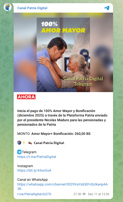 Inicia el pago de 100% Amor Mayor y Bonificación (diciembre 2025)