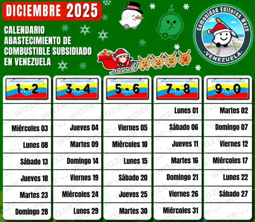 Cronograma gasolina subsidiada 26 al 28 diciembre 2025 Venezuela