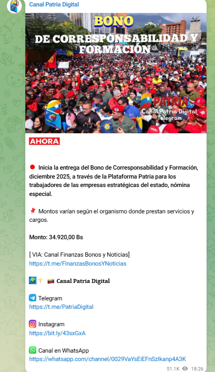 Pago del bono de Corresponsabilidad y Formación 34.920 bolívares diciembre 2025