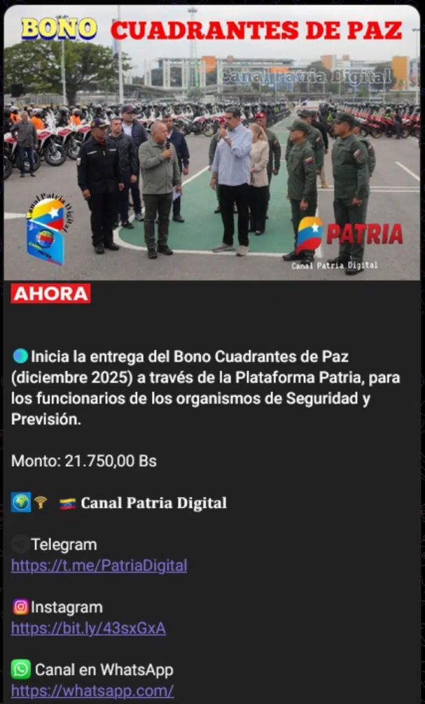 Pago Bono Cuadrantes de Paz diciembre 2025 funcionarios seguridad