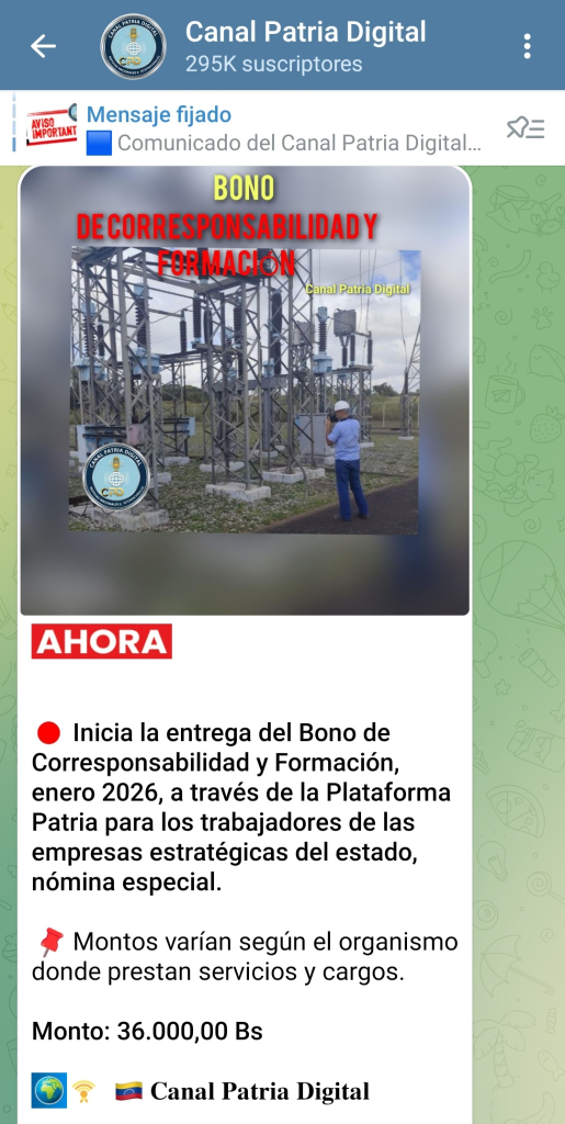 Bono de Corresponsabilidad y Formación Enero 2026 | FOTO OFICIAL CANAL PATRIA DIGITAL