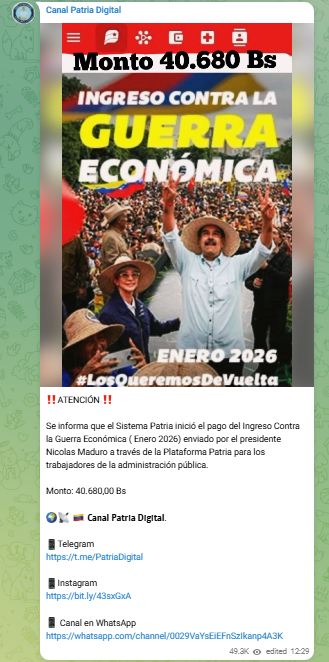 Ingreso Contra la Guerra Económica Enero 2026 | Foto Oficial Canal Patria Digital