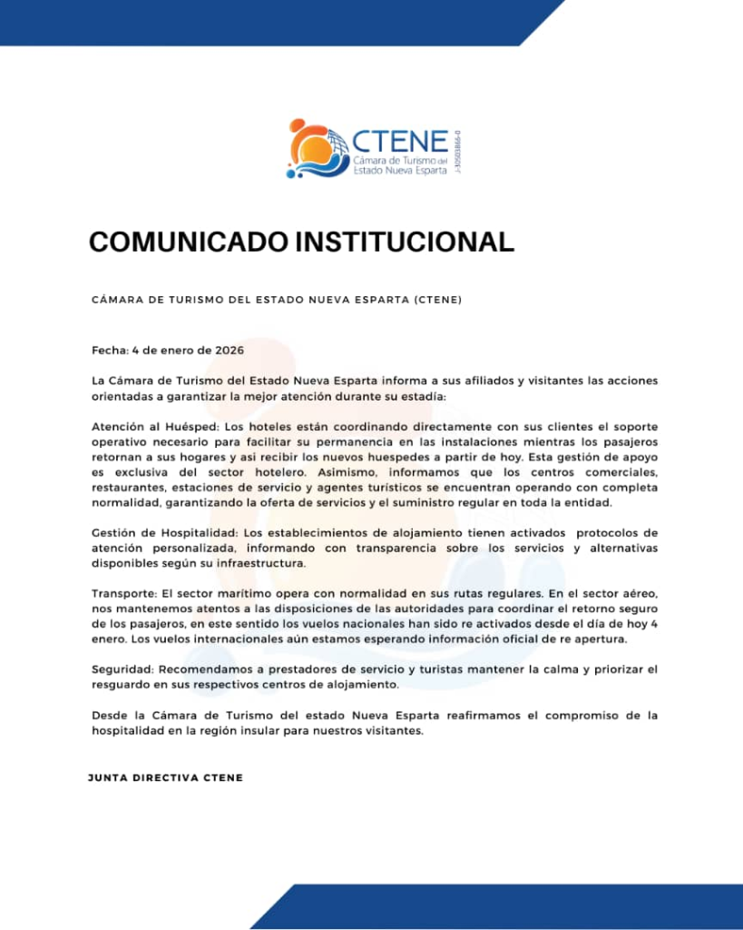 Comunicado de la Cámara de Turismo y Gastronomía de Nueva Esparta