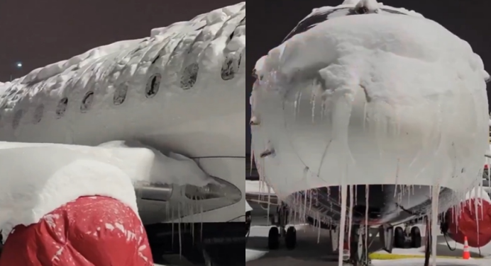 Dos aviones quedaron atascados y cubiertos de nieve en pleno aeropuerto de Canadá durante tormenta invernal