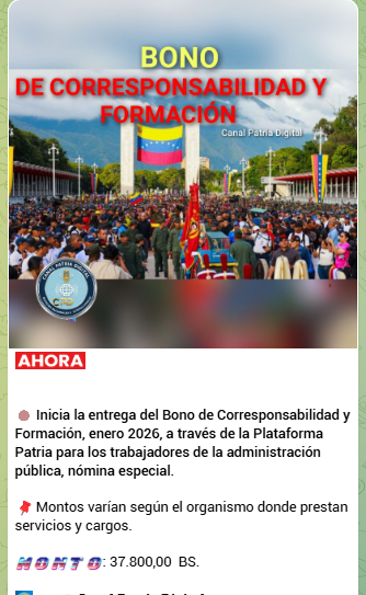 Bono de Corresponsabilidad y Formación Enero 2026 | Foto Oficial Canal Patria