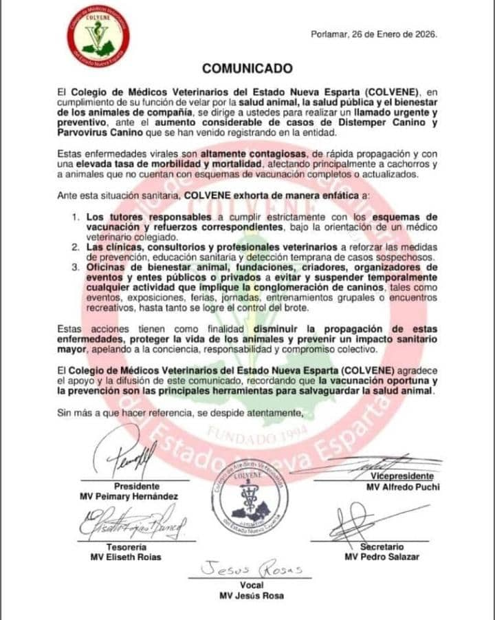 Comunicado Oficial Colegio de Médicos Veterinarios del Estado Nueva Esparta