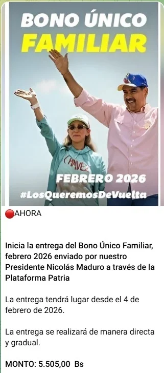 Bono Único Familiar Febrero 2026 / Foto Oficial Canal Patria