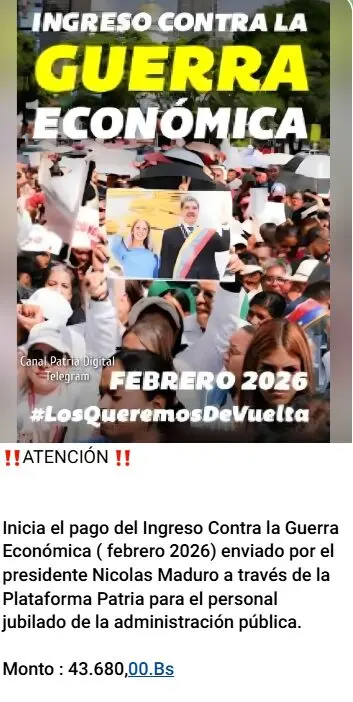 Bono de Guerra Jubilados Febrero 2026 / Foto Oficial: Canal Patria