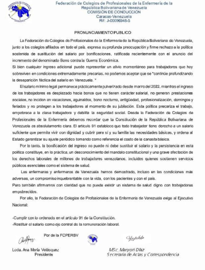 Colegios de enfermería: Salario no se sustituye con bonos