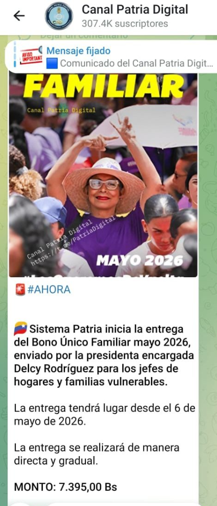 Bono Único Familiar Mayo 2026 | Foto Oficial Canal Patria DIgital