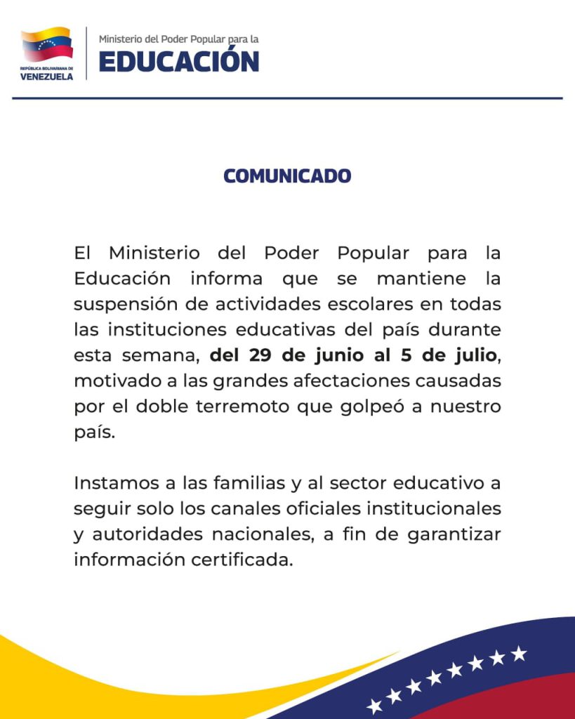 Gobierno de Venezuela extiende suspensión de clases por una semana