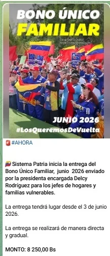 Plataforma Patria inicia el pago del Bono Único Familiar de junio 2026: Conoce el monto