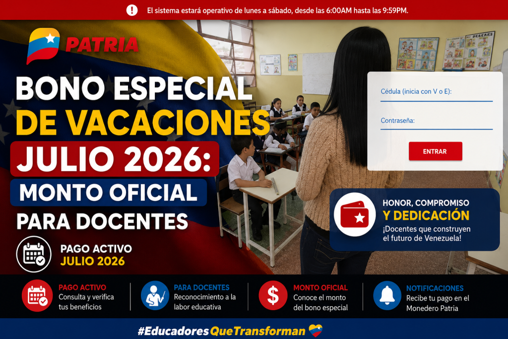Bono Especial de Vacaciones Julio 2026: Monto oficial para docentes