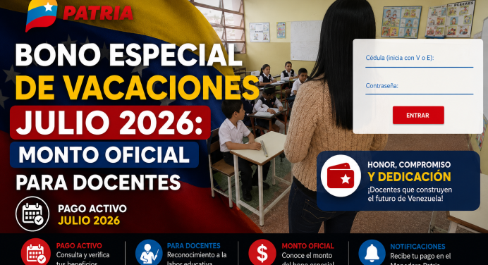 Bono Especial de Vacaciones Julio 2026: Monto oficial para docentes