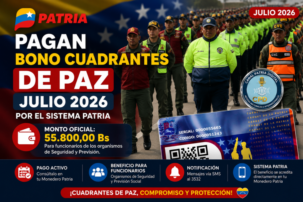 Pagan Bono Cuadrantes de Paz Julio 2026 por el Sistema Patria: Monto oficial
