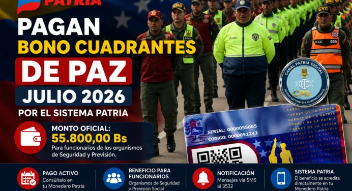 Pagan Bono Cuadrantes de Paz Julio 2026 por el Sistema Patria: Monto oficial