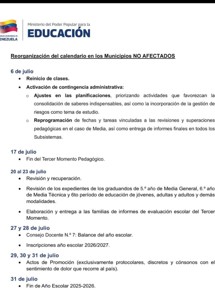 Ministerio de Educación anuncia reinicio de clases este 6 de julio en Nueva Esparta y estados no afectados