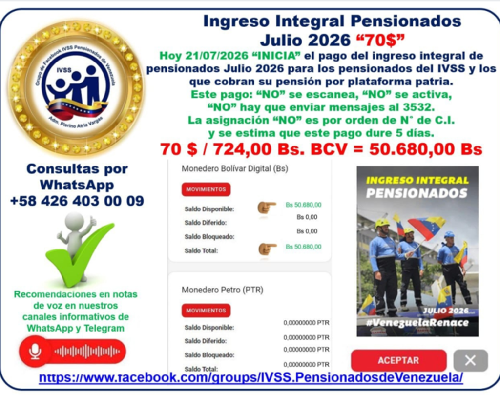 Ingreso Integral Pensionados
Julio 2026  | Foto Oficial: Canal Patria Digital