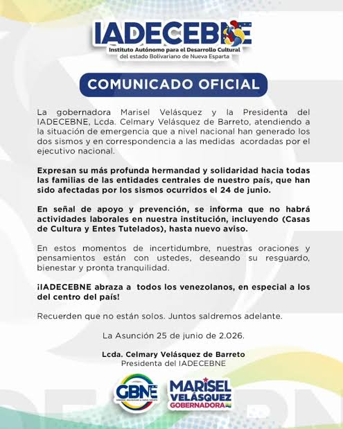Iadecebne suspende actividades culturales en Nueva Esparta por luto nacional