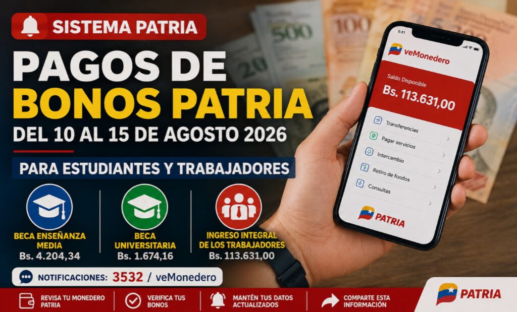 Sistema Patria pagos de bonos del 10 al 15 de agosto 2026 para estudiantes y trabajadores. Montos del Bono Beca Enseñanza Media, Beca Universitaria e Ingreso Integral de los Trabajadores.