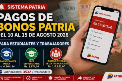 Sistema Patria pagos de bonos del 10 al 15 de agosto 2026 para estudiantes y trabajadores. Montos del Bono Beca Enseñanza Media, Beca Universitaria e Ingreso Integral de los Trabajadores.