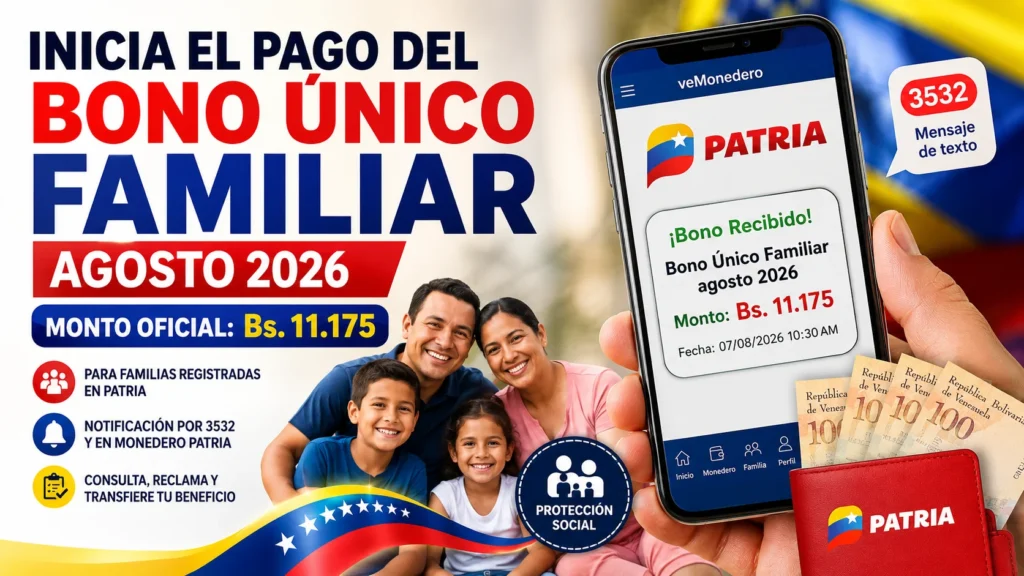 Bono Único Familiar agosto 2026 inicia pago por Plataforma Patria con monto oficial