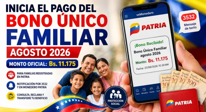 Inicia el pago del Bono Único Familiar agosto 2026: Monto oficial por Plataforma Patria