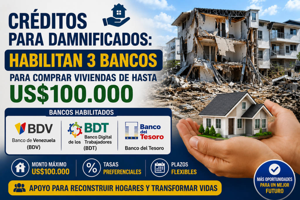 Créditos para damnificados: habilitan 3 bancos para comprar viviendas de hasta US$100.000. Infografía con un edificio afectado, una vivienda nueva sostenida por manos y los bancos habilitados: Banco de Venezuela (BDV), Banco Digital de los Trabajadores (BDT) y Banco del Tesoro.