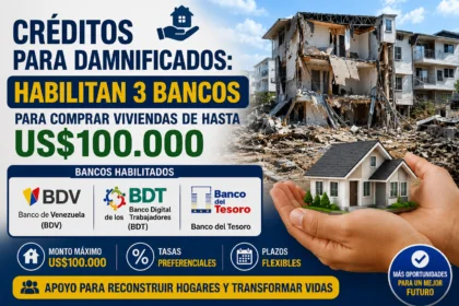 Créditos para damnificados: habilitan 3 bancos para comprar viviendas de hasta US$100.000. Infografía con un edificio afectado, una vivienda nueva sostenida por manos y los bancos habilitados: Banco de Venezuela (BDV), Banco Digital de los Trabajadores (BDT) y Banco del Tesoro.